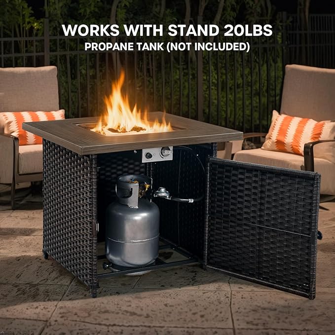 Patio Luxury Conversation Set 6PCS Resin Wicker Swivel Chairs Set, 4 Swivel Patio Chairs with Rattan Side Table and 30in Square Wicker Fire Table Set Brown Wicker|Beige Cushions