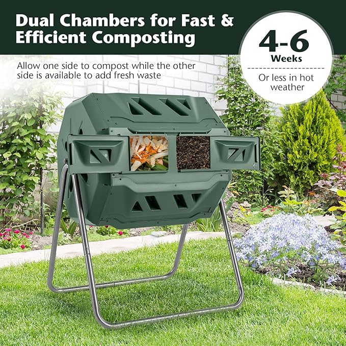 Goplus Compost Bin, Outdoor 42-Gal Dual Chamber Composting Tumbler w/2 Sliding Doors, Heavy-Duty Metal Frame, 360° Rotatable Tumbling Composter, BPA-Free Compost Tumbler for Kitchen Garden Yard Waste