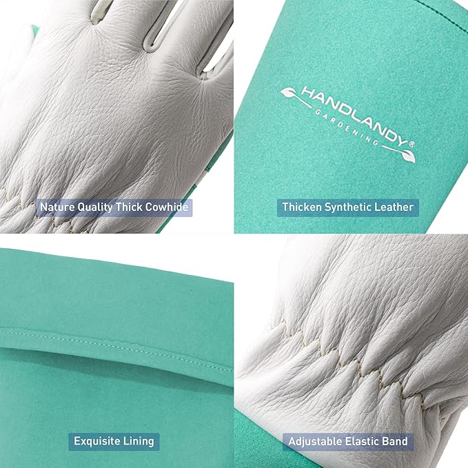HANDLANDY Long Gardening Gloves for Men & Women, Thorn Proof Rose Pruning Gloves Leather Gauntlets Garden Glove Yard Work Glove (Medium, Green)