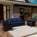 3 Piece Wicker Patio Conversation Set, All-Weather Use Outdoor Wicker Sofa with 2 PE Rattan Chair, Removable Water-Resistant Cushion, Ideal for Porch, Backyard, Balcony, Poolside, Blue