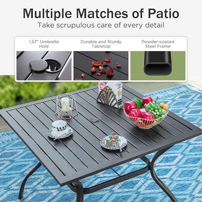 PHI VILLA Outdoor Dining Furniture Set with Umbrella, Patio Dining Set for 4 with Metal Outdoor Table and Chairs, Patio Table Set with Portable Folding Patio Chairs & Patio Umbrella, Blue