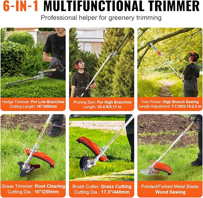 VEVOR 43cc 6-in-1 Multi-Functional Trimming Tool, Hedge Trimmer, Weed Eater, String Trimmer, Brush Cutter, Edger, Pole Saw Chainsaw Pruner with Extension Pole, w/EPA, CE and EMC Certification