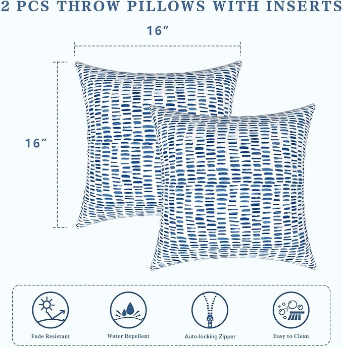 LVTXIII Outdoor Throw Pillows, Decorative Throw Pillows with Inserts, 16"x16" Square Pillows for Bed, Couch, Sofa and Patio Furniture, Set of 2, A Pebble Blue
