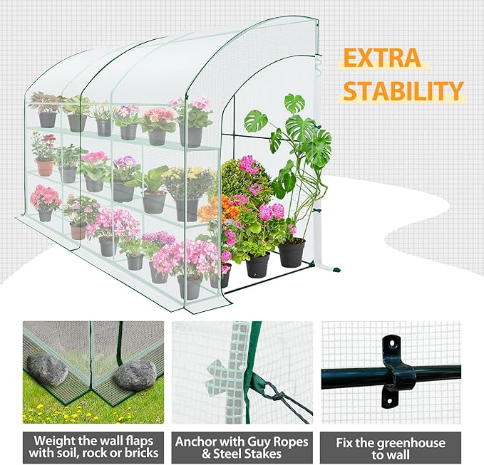 EAGLE PEAK 3 Tier Lean to Portable Greenhouse, Heavy-Duty Indoor & Outdoor Garden with Wire Shelves, 2 Roll-Up Zipper Doors, Easy Assembly, 120"x60"x84" Clear/White PE Cover