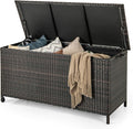 Tangkula Rattan Deck Box, 85 Gallon Storage Container with Waterproof Liner, Wheels & Gas Strut, Indoor Outdoor Wicker Storage Cabinet, Storage Furniture for Pillows, Cushions (Brown)