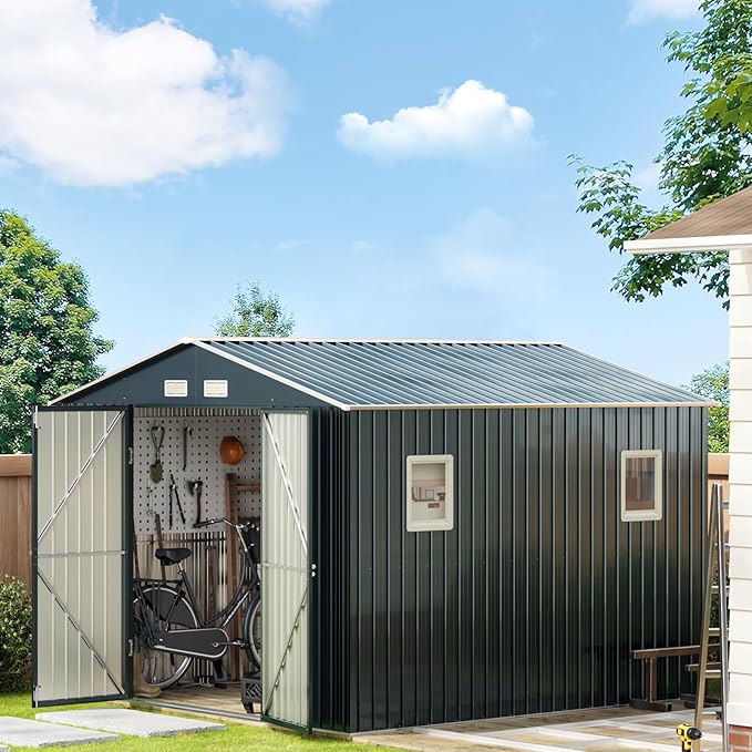 10X10X7.5 FT Outdoor Steel Storage Shed with Lockable Doors, 2 Windows, Frame Floor (No Wood/Other Boards), Ideal for Garden, Backyard, Patio Storage