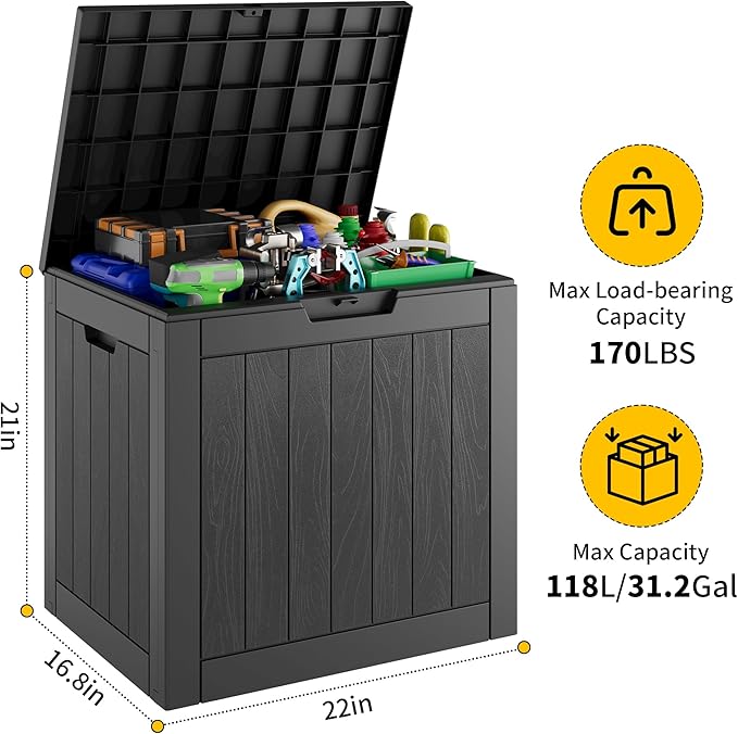 31 Gallon Outdoor Storage Box, Resin Deck Boxes Outdoor Waterproof For Patio Furniture, Garden Tools, Pool Supplies, Durable And UV Resistant, Lockable