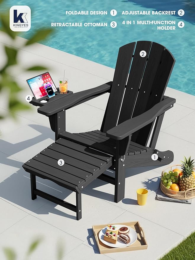 KINGYES Adjustable Folding Adirondack Chair with Footrest & 4-in-1 Multi-Functional Armrest Organizer, HDPE Foldable Reclining Adirondack Chair with Pull-Out Ottoman, Black