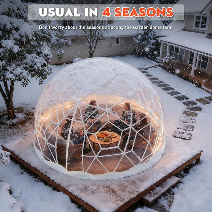 12FT Garden Dome Tent, Geodesic Dome Greenhouse with PVC Clear Cover, Waterproof Garden Bubble Dome Tent House with 2 x 10M Light Strings for Outdoor, Patio, Backyard, Party (White Edge, 15FT/4.6M)