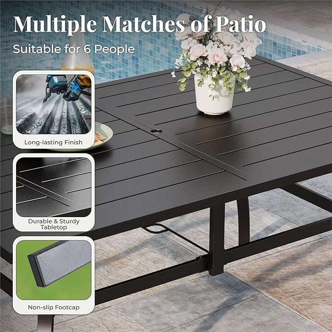 Patio Table and Chairs Set, Patio Dining Sets for 6 with Red Chairs and Metal Rectangular Table, 7-Piece Patio Furniture Set for Deck Backyard Poolside