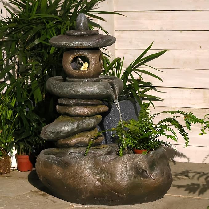 28" H Imitation Rock Pagoda Design Outdoor&Indoor Cascading Water Fountain, Natural Zen Decor Waterfall with LED Lights - Suitable for Garden/Patio/Yard/Deck/Balcony and Home Art Decor （Resin）
