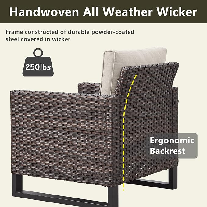 Rilyson Wicker Outdoor Patio Furniture Set - 5 Piece Patio Conversation Set with 2 Wicker Armrest Chairs,2 Rattan Ottoman and 1 Metal Side Table for Outside Porch Deck Backyard Garden(Brown/Beige)
