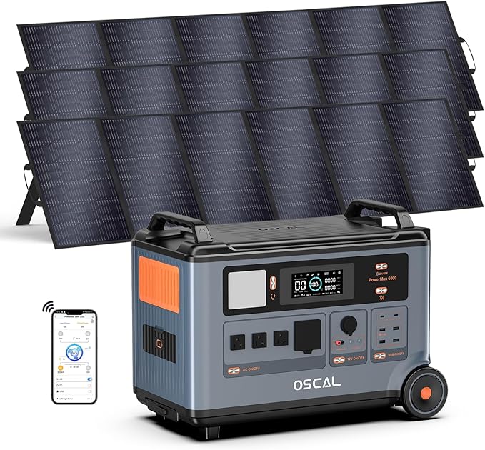 OSCAL PowerMax 6000 Solar Generator with 3x500W Solar Panels, 120/240V Split Phase Voltage 6000W AC Outlets (7200W Peak), 3600Wh Power Station Expandable to 57.6kWh, Emergency for Home
