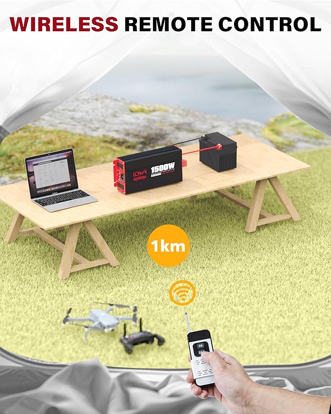 1500 Watt Pure Sine Wave Power Inverter DC 12V to AC 110/120V with Dual Outlets USB-C 30W USB-QC 18W Fast Car Charger Adapter LCD Display and Remote Control Converter for Off-Grid Home RV Solar System