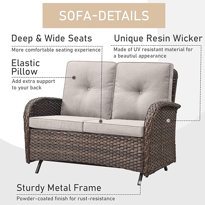 HUMMUH 7-Piece Patio Furniture Set with Fire Pit,Wicker Patio Glider Loveseat Outdoor Swivel Rocker Chairs with Ottomans for Backyard,Poolside,Deck