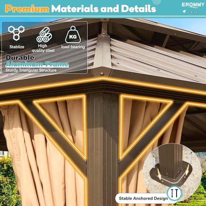 EROMMY 12' x 14' Hardtop Gazebo, Aluminum Frame Gazebos with Galvanized Steel Double Roof, Permanent Outdoor Metal Pavilion with Curtain and Netting for Patio, Lawn, Deck