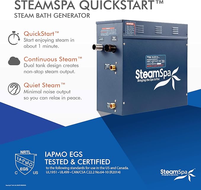 SteamSpa 9kW Steam Sauna Generator Executive Bundle 240V Steam Generator with Touch Pad, Steamheads, Pressure Relief Valve, Built-in Auto Drain, LED Light, Filter and Quick Install Kit EXT900CH-A