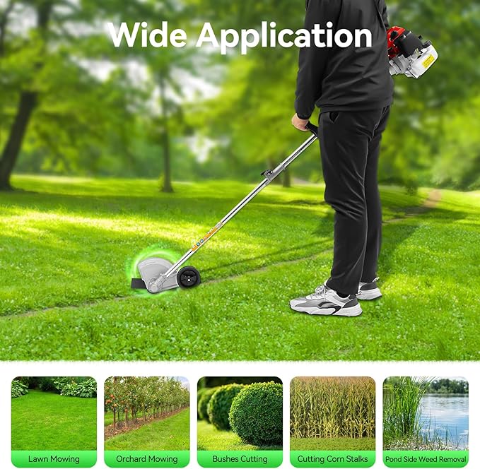 Gas Powered String Trimmer, 2 Stroke Air-Cooled Cordless Lawn Edger Gasoline Weed Eater with 2 Blade Heads for Garden Lawn Grass Hedge Trimmer (26CC, 0.65KW)