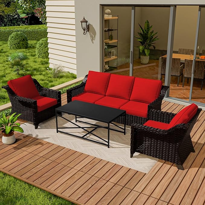 Vista Vibe 4 Pieces Outdoor Patio Conversation Furniture Set - 78" 3-seat Sofa | 2 Chairs | Metal Coffee Table, Deep Seat Loveseat, Removable Cushions, PE Rattan Couch, Lawn (Brown/Red)