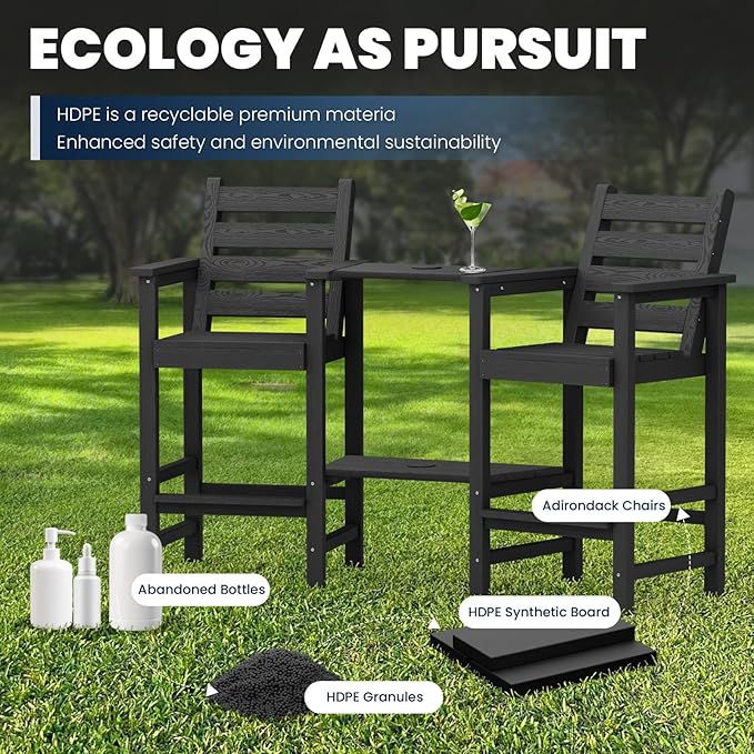 Tall Adirondack Chairs Set of 2, All Weather HDPE Poly Bar Height Balcony Adirondack Chair with Removable Double Connecting Trays, Outdoor Adirondack Barstools for Deck, Patio, Yard, Pool, Lawn