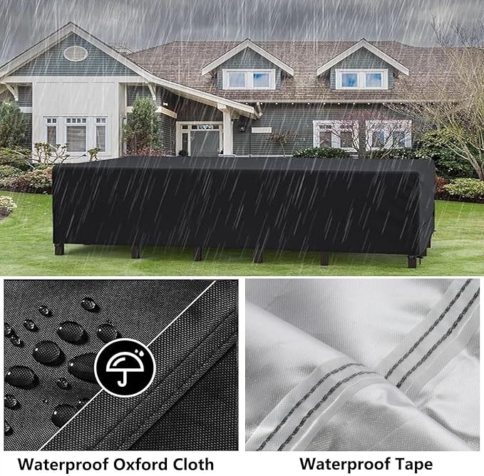 Patio Furniture Covers Outdoor Table Cover Waterproof Rectangular 420D Garden Dining Table Cover Wind Dust Proof Anti-UV Patio Sectional Couch Cover Table and Chair Set Covers 108"Lx82"Wx28"H Black