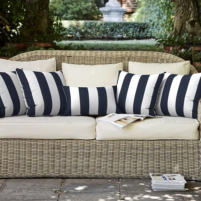 LVTXIII Outdoor Throw Pillows 18x18 Patio Waterproof Square Pillows with Piping Fade Resistant Accent Pillow for Spring Summer Garden Decoration, Set of 2, Cabana Navy