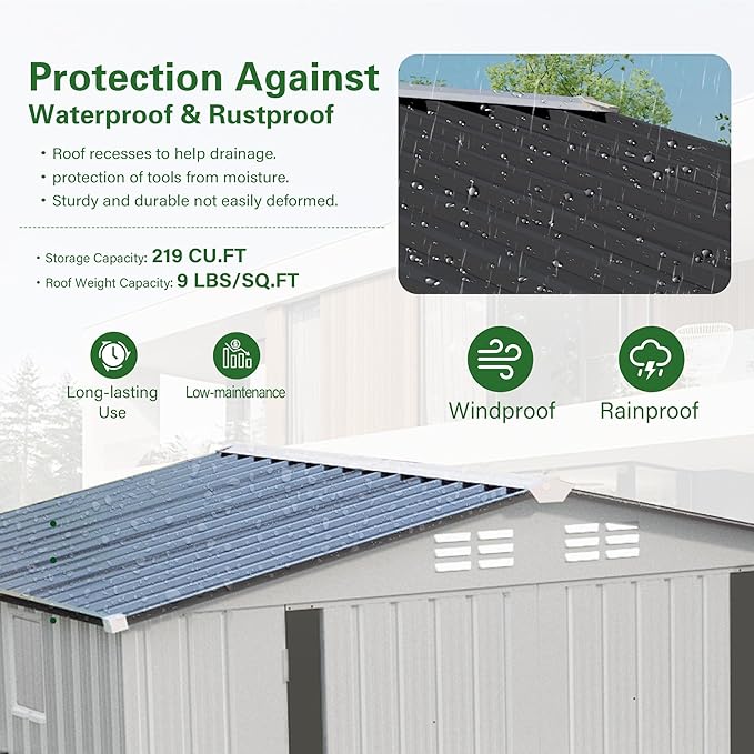 8x6 FT Outdoor Storage Shed with Windows, Metal Sheds & Outdoor Storage with Lockable Door and 4 Vents, Outside Storage Shed Waterproof for Backyard, Patio, White+Gray