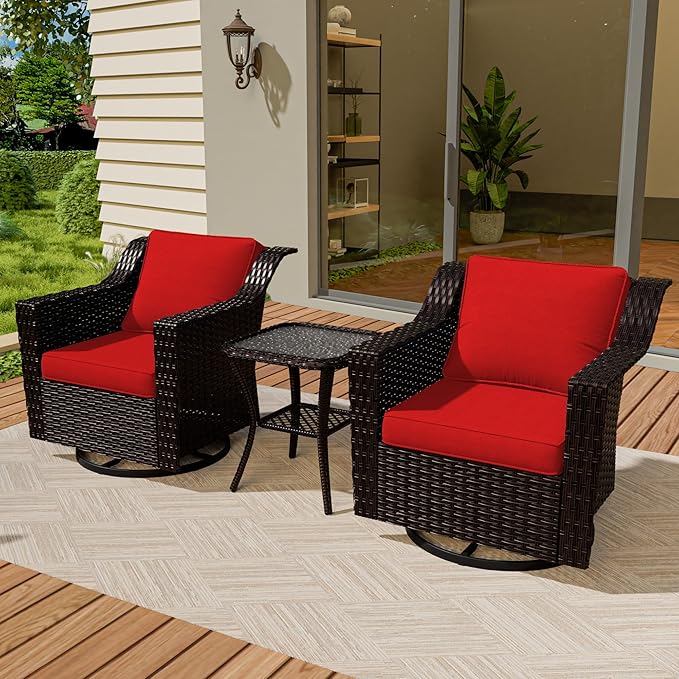 Vista Vibe 3 Pieces Outdoor Patio Conversation Furniture Set - 360 Degree Swivel Glider Rocker Chairs | Wicker End Table, Washable Cushions, Hand-Woven PE Rattan, Lawn, Sunroom (Brown/Red)