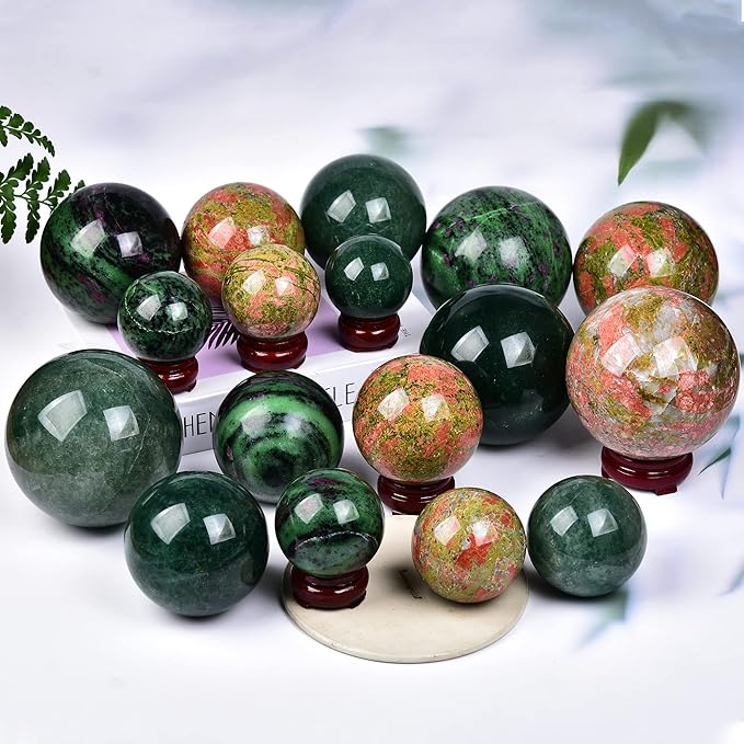 JIC Gem Natural Unakite Crystal Sphere Rock Quartz Crystal Ball with Wood Stand Healing Meditation Energy Decoation Ball (70-80mm)