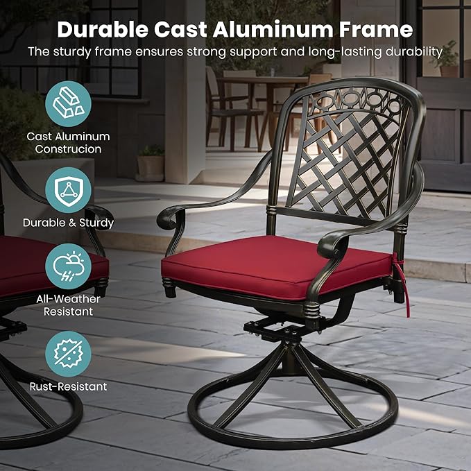 Set of 6 Cast Aluminum Patio Chairs with Cushions, All-Weather Aluminum Outdoor Swivel Chairs, Metal Outdoor Rocking Chairs for Backyard, Poolside and Bistro(Red, 6 Pieces)