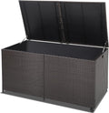 HAPPYGRILL 175 Gallon Outdoor Rattan Deck Box, Wicker Storage Bin with Zippered Liner & 2 Universal Wheels, Safe Pneumatic Rod, Patio Rattan Storage Container for Cushions Pillows