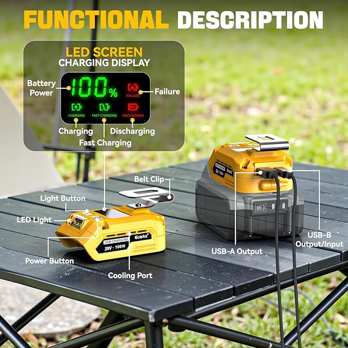 Ecarke Battery Charger Adapter Compatible with DeWALT 20V Battery: with USB Wall Charging Kit - 100W Bidirectional Portable Charger 20v for Battery Charge,Phone,Laptop Computer,Soldering Iron