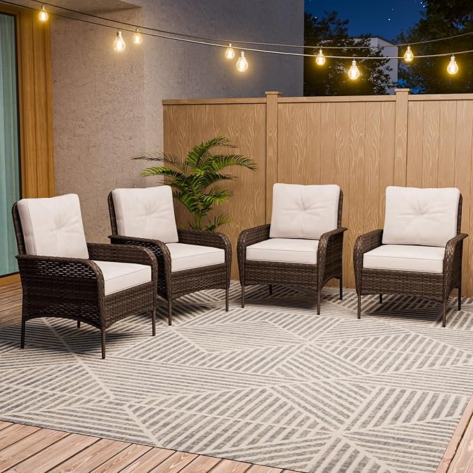 COOS BAY Vintage Courtyard Patio Chairs, Wicker Armchairs, Rattan Patio Dining Set of 4, Outdoor Seating for Deck or Balcony, Gray/Beige