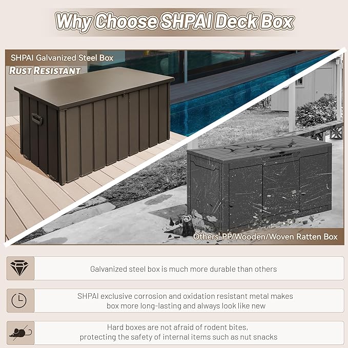 190 Gallon Metal Deck Box, Waterproof Steel Outdoor Box, Large Patio Furniture Storage Cabinet, Lockable Storage Bench for Porch Package Delivery, Pillows, Cushions, Pool, Tools, Backyard, Brown