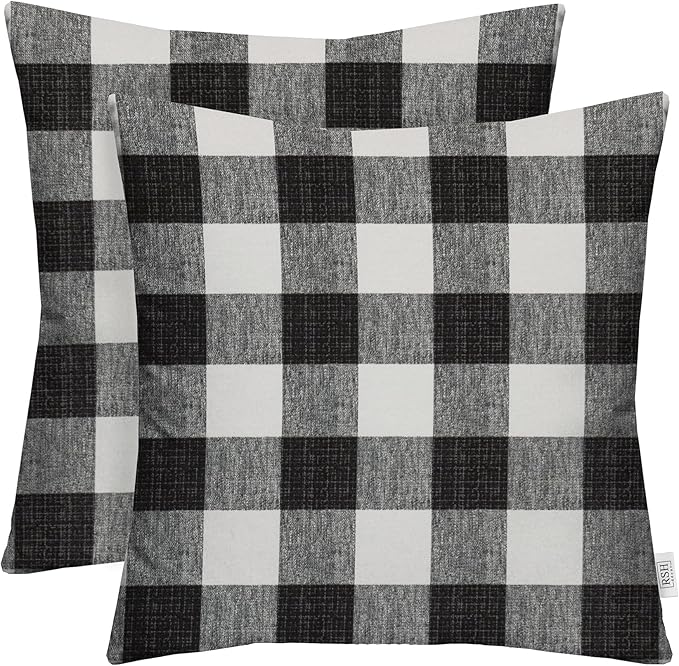 RSH DECOR: Square Throw Pillows Set of 2 | 20” x 20” | All-Weather Spun Fabric | Water and Fade-Resistant | Outdoor Accent Pillows for Patio Furniture | Black Buffalo Plaid