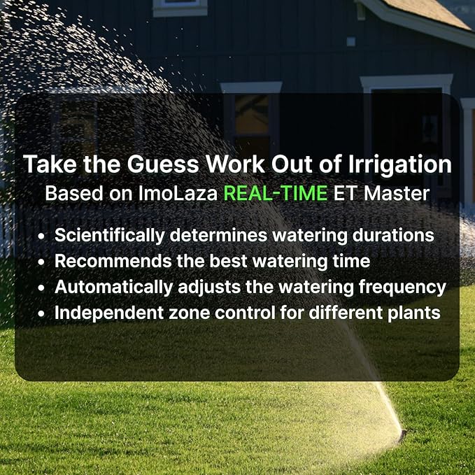 ImoLaza Smart Sprinkler Controller Evapotranspiration Master: 12 Zones WiFi Irrigation Controller with Automated Watering and App Control, Save Water Through Rain, Freeze, Wind and Saturation Skip