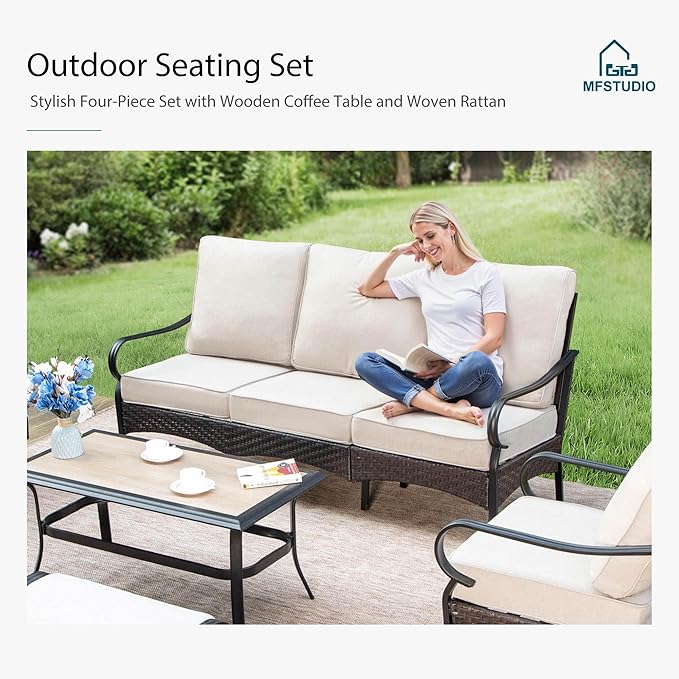 MFSTUDIO 6 PCS Outdoor Patio Furniture Set, Metal Outdoor Conversation Set, Rattan Wicker Patio Sectional Sofa Set with 2 x Rocking Single Sofa, 3-Seat Sofa, 2 x Ottoman, 1 x Coffee Table, Beige
