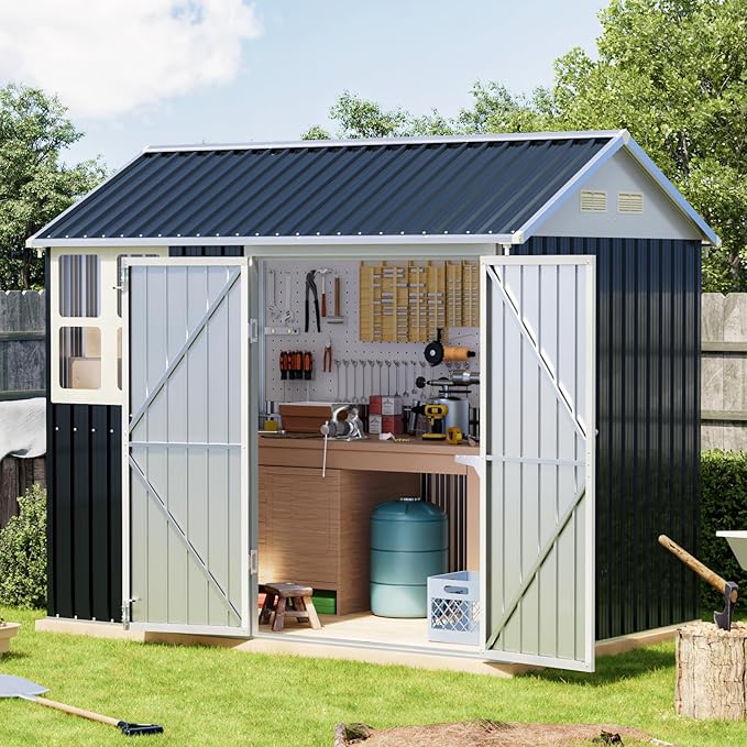 Breezz 6X8FT Outdoor Steel Storage Shed with Frame Floor,Clear Window, Lockable Doors, Weather-Resistant Metal Tool Shed for Garden, Backyard, Patio, and Utility Storage,Nightblue