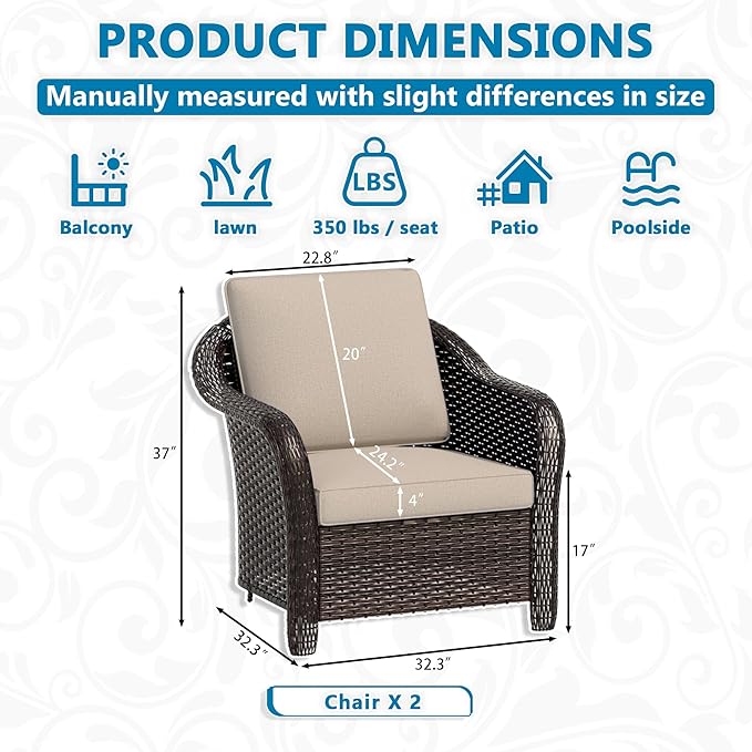 Vista Vibe Outdoor Patio Deep Seat Chairs Set of 2, Washable Cushions, Hand-Woven PE Rattan, All-Weather & Steel Frame, Garden, Bistro, Deck, Yard (Beige)