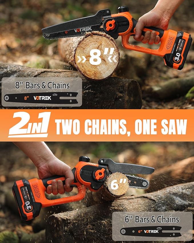 [2-in-1] 8" & 6" Chainsaw Cordless with 2x3.0AH Batteries - Powerful Brushless Electric Mini Chain Saw Set (4 Chains& 2 Bars), Christmas Gardening Tools Gifts for Husband Dad Mom Father Men