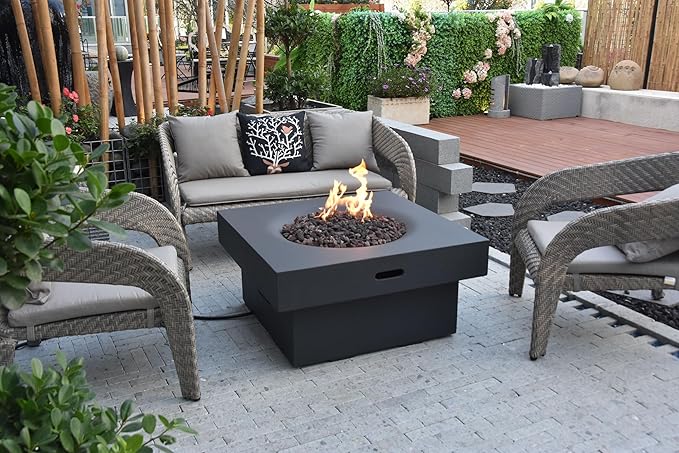 AMS Fireplace | Modeno Branford Package | Black Liquid Propane Gas Fire Pit Table for Outside Patio Bundle with Tank Cover, Wind Guard | Free Ice Bucket & Rubber Mat