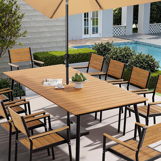 Outdoor Dining Table for 8-10, 94.5 inch Patio Dining Table with Wooden-Like Top and Aluminum Frame, Rectangular Table with Umbrella Hole Outdoor Furniture, Brown