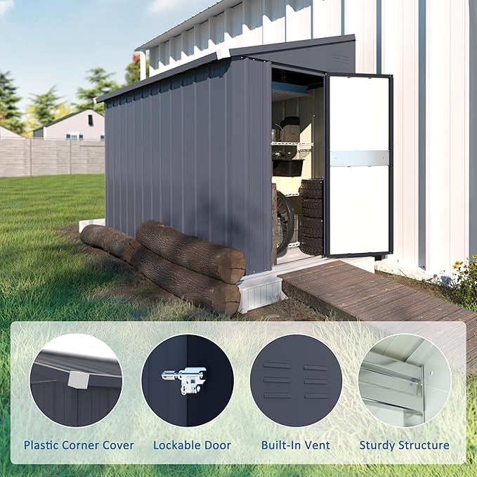 BlueWish 4'x8' Metal Storage Shed, Lean-to Tool Shed with Galvanized Sloped Roof, Small Shed Kit with Built in Vents, Patio Garden Outdoor Storage Shed for Utility Tool Storage