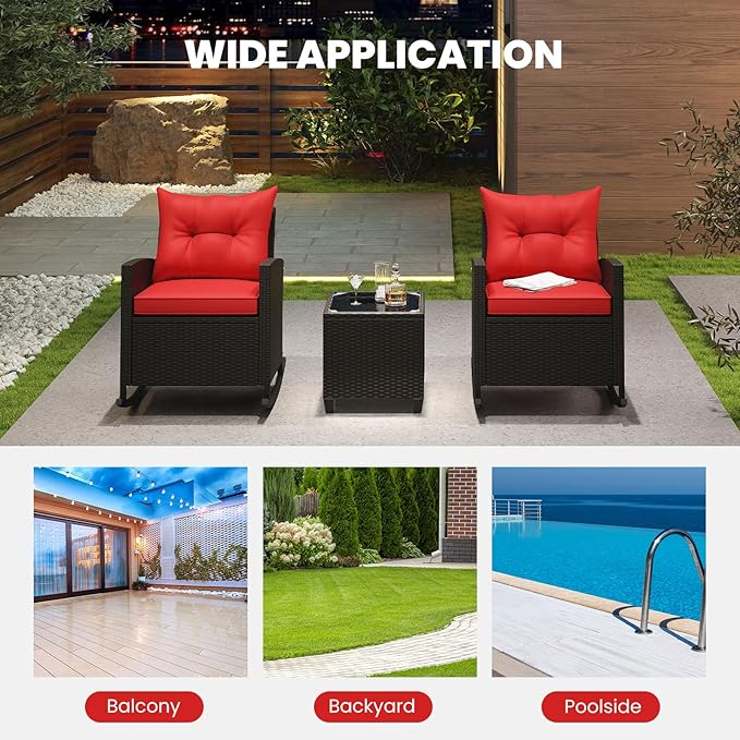 ORALNER 3 Pieces Wicker Rocker Set Patio Furniture Set, Outdoor Rocking Chairs with Soft Cushions, Glass Coffee Table, Rattan Conversation Bistro Set for Front Porch Balcony Garden Deck Poolside (Red)