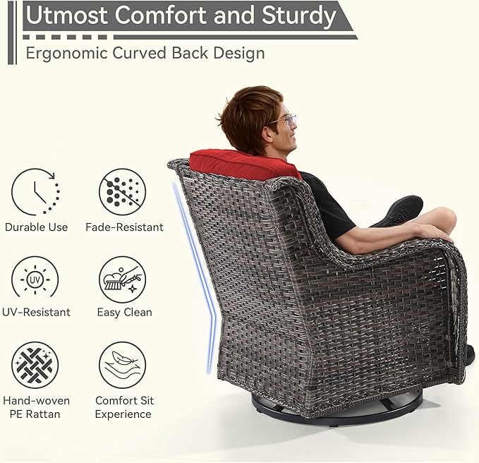5 Pieces Outdoor Patio Furniture Set - Conversation Set Includes Wicker Swivel Rocker Chairs Set of 2, 2 Ottoman, 3 Seat Sofa, Suitable for Porch, Yard, Mixed Brown Rattan, Red
