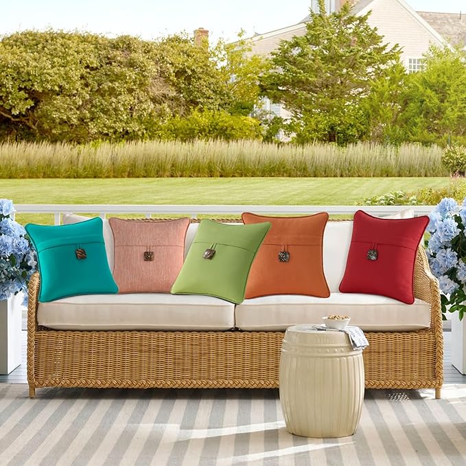 Outdoor Decorative Pillows with Coconut Button Pack of 4, 18" x 18" Outdoor Pillow Set for Couch Bed Throw Patio Sofa, Peacock Blue
