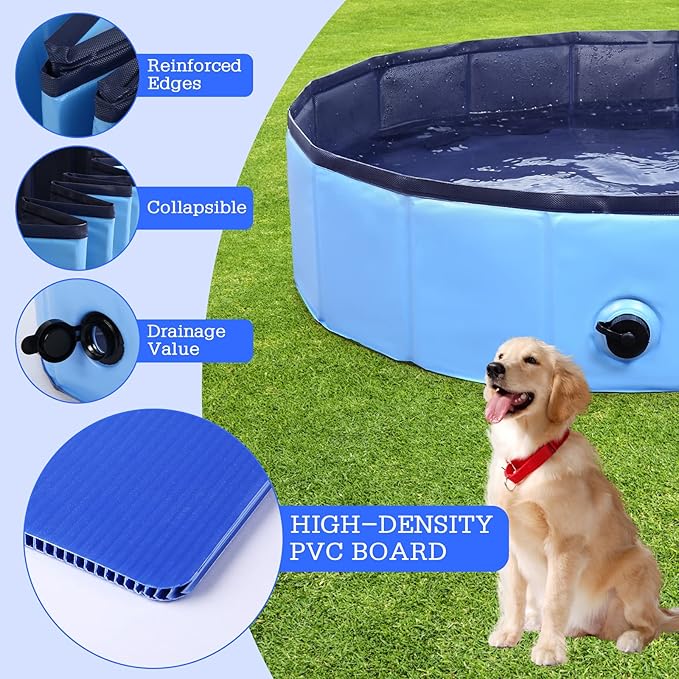 Foldable Dog Pool, Portable Pet Bath Tub and Kiddie Swimming Pool, Collapsible Bathtub for Puppies, Small, Medium and Large Dogs, Cats and Kids, 63 x 12 in, Blue