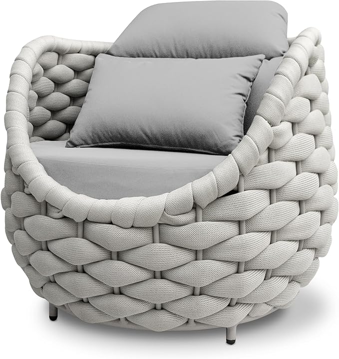 Patio Accent Chairs: Aluminum Porch Lounge Chair with Arms - Woven Rope Cushioned Armchair - Modern One Seater Chair - Outdoor Deck Furniture for 400lbs Balcony Lanai Poolside Garden Hotel, Gray