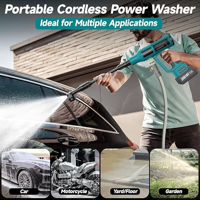 2025 Upgrade Cordless Pressure Washer, Portable Power Washer with 4.0Ah Battery & Charger, 700PSI Handheld Pressure Washer with 5M Hose, 4-Speed Setting, 6-in-1 Nozzle, Powered Cleaner for Car Floor