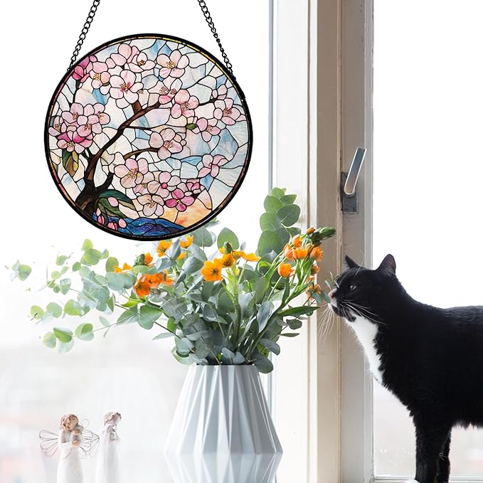Stained Glass Window Hanging - Cherry Blossoms Suncatcher for Door Garden Home Decor Pink Flowers Sun Catcher Christmas Birthday for Friend Lovers Women Mom Nana 15 in